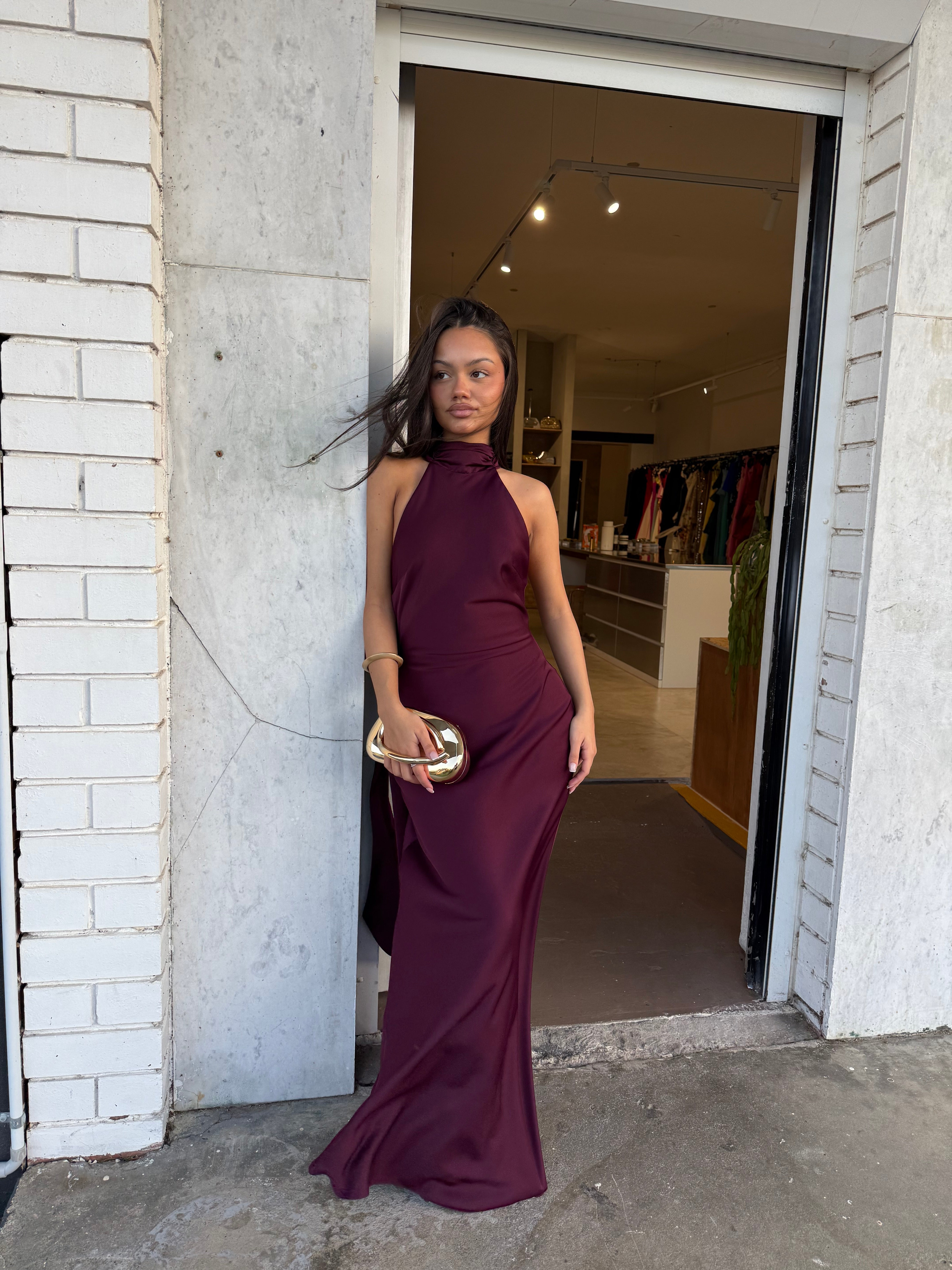 misha halter bow maxi dress MISHA (wine) Evianna halter bow gown