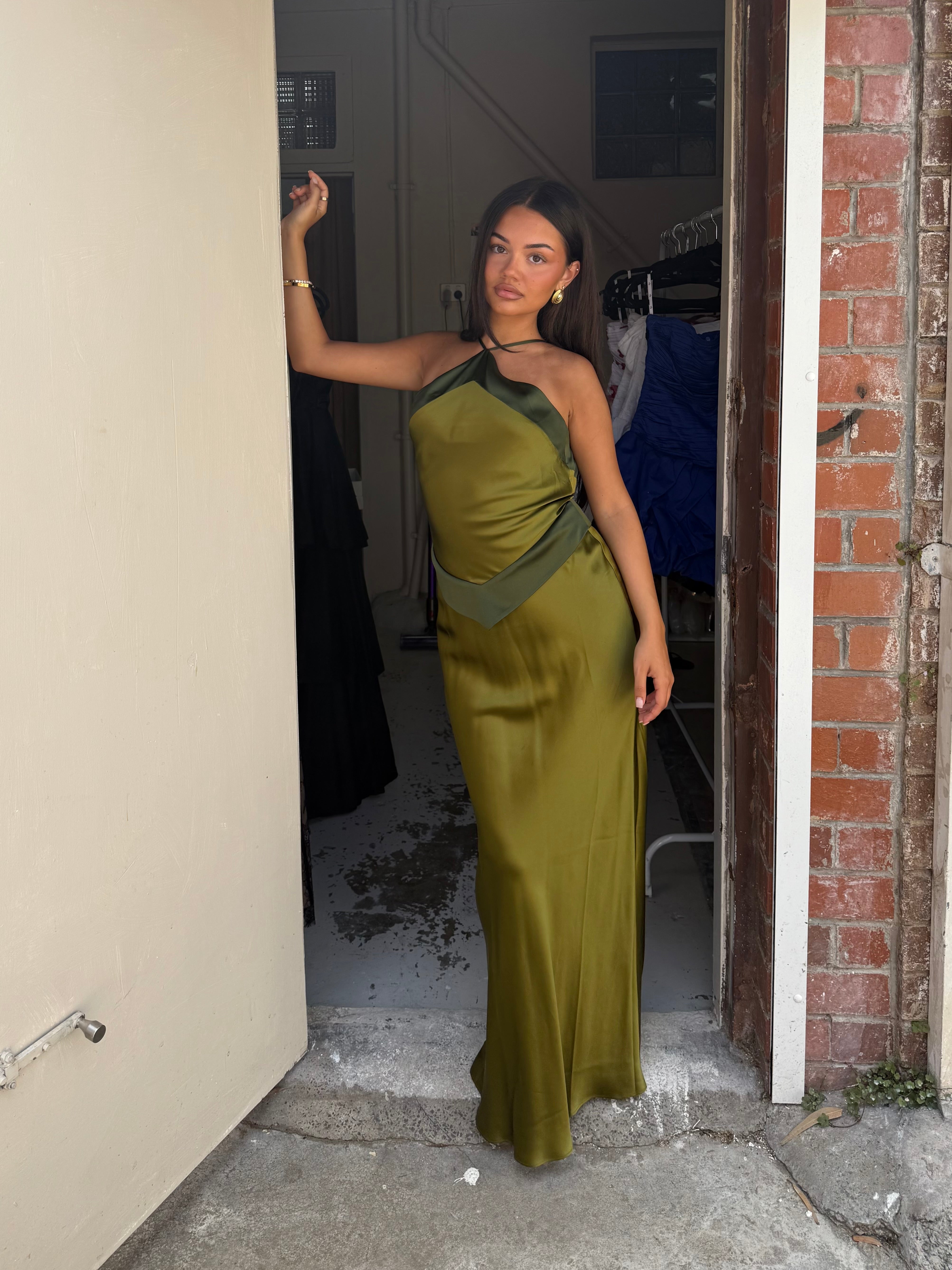 slim fit dress slacks REFORMATION (olive/green) Jillian silk midi