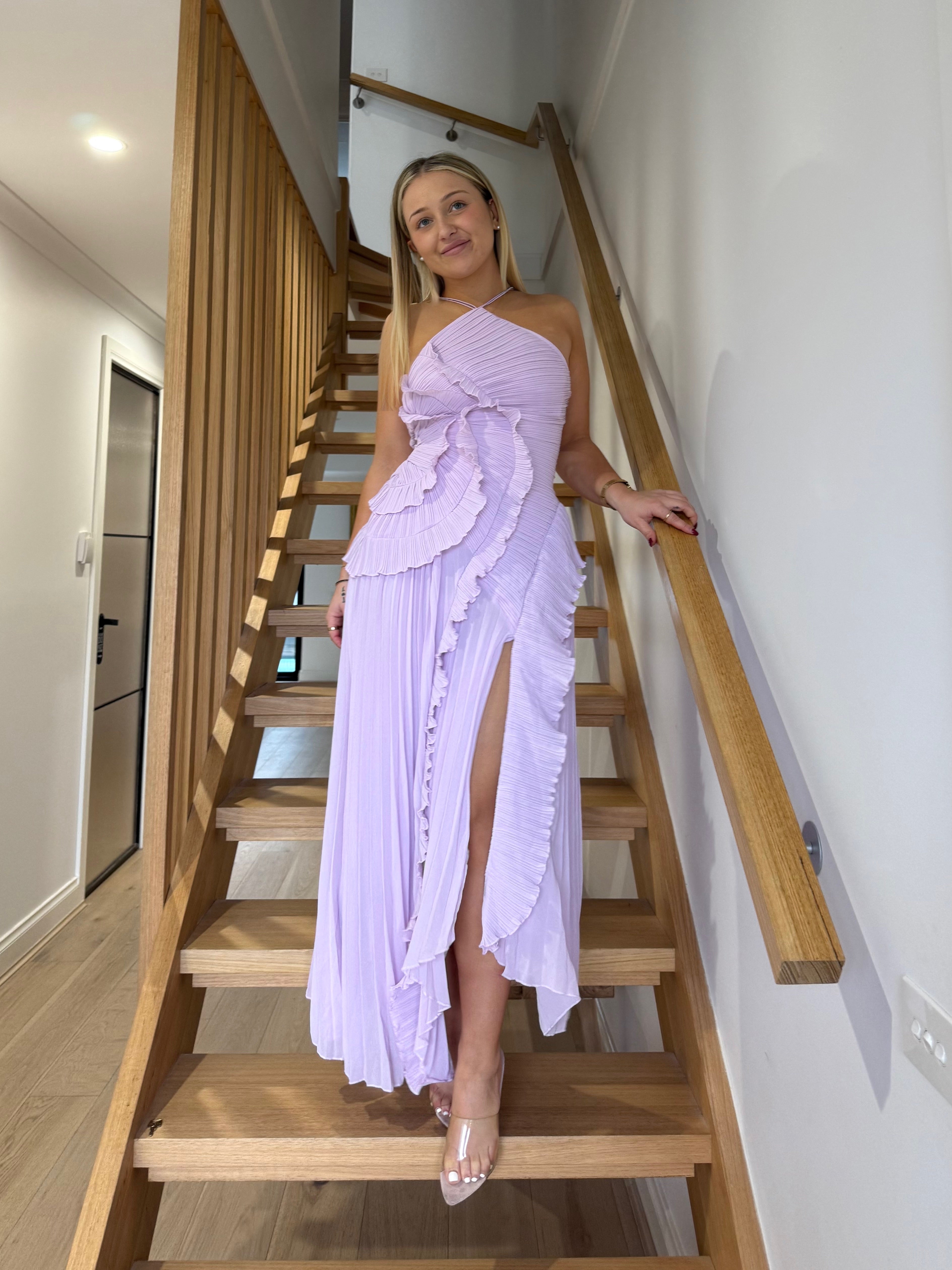 SIERRA DARIEN (purple) Pleated Halter Midi Dress With Cascading Ruffle | Rent My Style Boutique SIERRA DARIEN (purple) Pleated Halter Midi Dress With Cascading Ruffle | Rent My Style Boutique