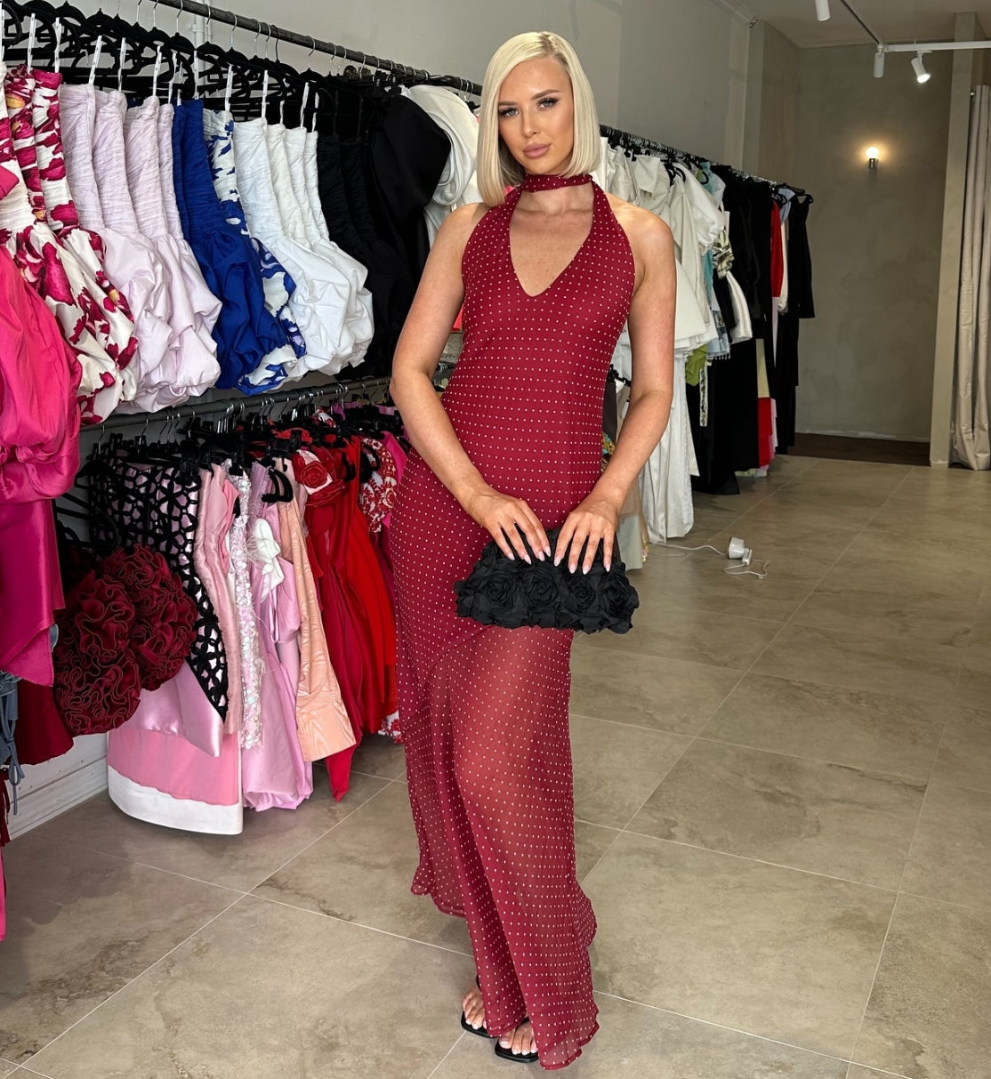 i am delilah red dress I AM DELILAH (red/white) polka dot halter maxi