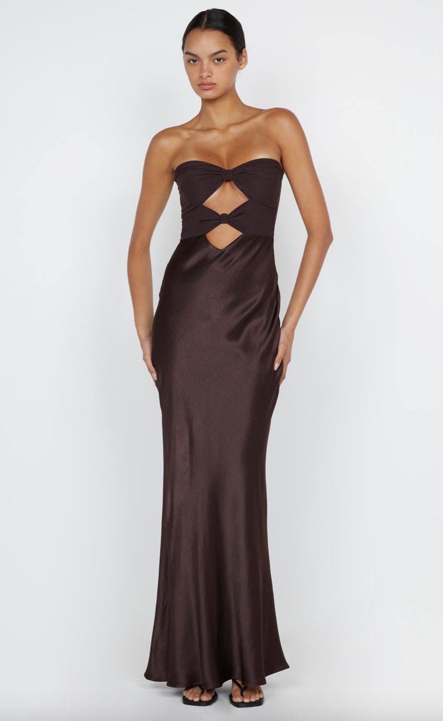 BEC AND BRIDGE (brown) Halle strapless mesh/silk gown | Rent My Style Boutique BEC AND BRIDGE (brown) Halle strapless mesh/silk gown | Rent My Style Boutique