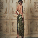 CAMILA COELHO (green/silver) Isaura halter sequin maxi