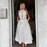 REBECCA VALLANCE (black/white) Delia polka dot halter midi