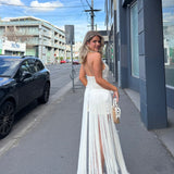 CUSTOM MADE (pearl / ivory) Lucy Fringe Halter Maxi
