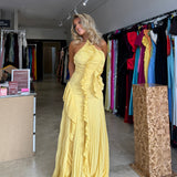 SIERRA DARIEN (yellow) Pleated Halter With Cascading Ruffle Maxi