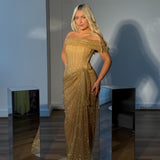 VILDANE KAMEROLLI (gold) Angelina Draped Beaded Gown