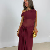 MISHA (wine/burgundy) Sisal one shoulder mesh maxi