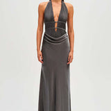 MISHA (grey) Celine satin rouged halter gown