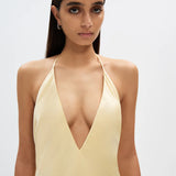 MISHA (yellow/butter) The Honor satin v-neck bow maxi
