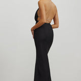 LEXI black Polaris halter drape neck back diamonte silk gown