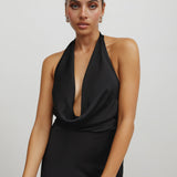 LEXI black Polaris halter drape neck back diamonte silk gown