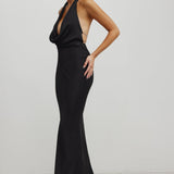 LEXI black Polaris halter drape neck back diamonte silk gown