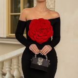 SIERRA DARIEN (black/red) off shoulder with red flower midi