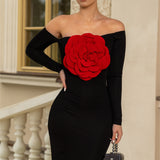 SIERRA DARIEN (black/red) off shoulder with red flower midi