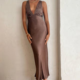SHONA JOY (brown) Milo silk v neck midi