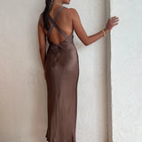 SHONA JOY (brown) Milo silk v neck midi