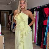 SIERRA DARIEN (fluorescent yellow) Pleated Halter Maxi Dress With Cascading Ruffle