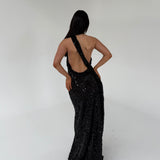 MISHA (black/sequin) Nicolette crotchet halter gown