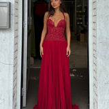 FENITY (red) Gaia pleated halter maxi