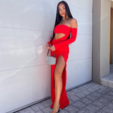 EFFIE KATS (red) Hall of Fame off the shoulder long sleeve gown