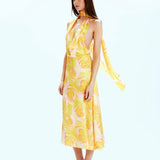 MIRAE PARIS (yellow/pink/floral) Camilla Wild Roses silk halter midi