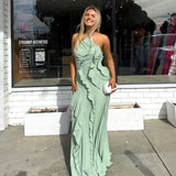 SIERRA DARIEN (sage green) Pleated Halter With Cascading Ruffle Maxi