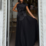 ACLER (black) Pleated one shoulder maxi