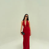 MISHA (red) Celine stocking jesey rouged halter gown