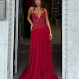 FENITY (red) Gaia pleated halter maxi