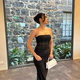 MISHA (Black) Enora Mesh Corset Satin Strapless Gown