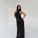 MISHA (black/sequin) Nicolette crotchet halter gown