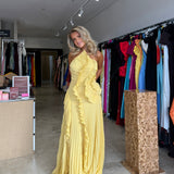 SIERRA DARIEN (yellow) Pleated Halter With Cascading Ruffle Maxi