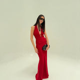 MISHA (red) Celine stocking jesey rouged halter gown