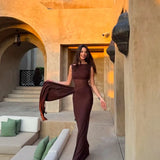 MISHA (brown) Sisal one shoulder mesh maxi