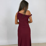 MISHA (wine/burgundy) Sisal one shoulder mesh maxi