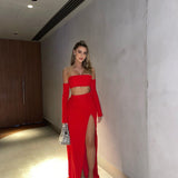 EFFIE KATS (red) Hall of Fame off the shoulder long sleeve gown