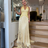 ORELTH (yellow) Aurea halter fringe gown