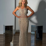 MINA (nude) Evelyn Pearl Halter Gown