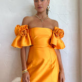 ALEMAIS (orange) Macie Rosette Taffeta orange flower sleeve mini