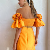 ALEMAIS (orange) Macie Rosette Taffeta orange flower sleeve mini