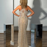 MINA (nude) Evelyn Pearl Halter Gown