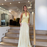 ORELTH (yellow) Aurea halter fringe gown