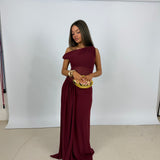 MISHA (wine/burgundy) Sisal one shoulder mesh maxi