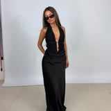MISHA (black) Celine satin rouged halter gown