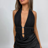 MISHA (black) Celine satin rouged halter gown