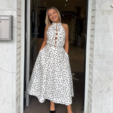 REBECCA VALLANCE (black/white) Delia polka dot halter midi