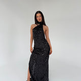 MISHA (black/sequin) Nicolette crotchet halter gown