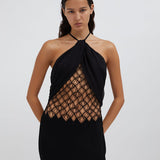 CHRISTOPHER ESBER (black) Lace Fluted Silk halter gown