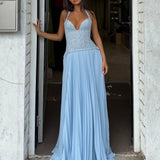 FENITY (blue) Gaia pleated halter maxi