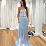 RIVIERA (blue) Drop Hem Fringe Gown
